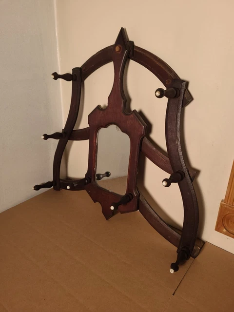 Antique Wood Folding Wall Hat Coat Rack With Mirror Victorian Adjustable
