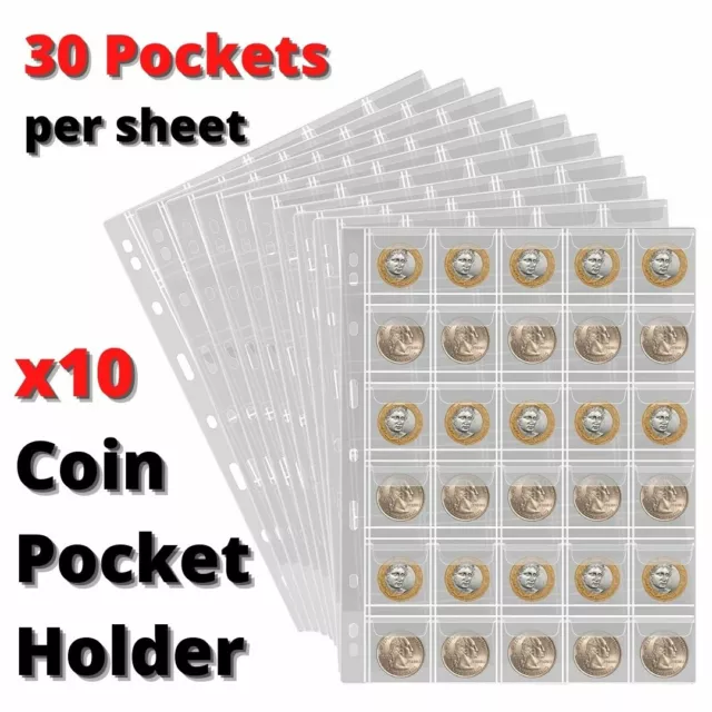 10x 30 Pockets Coin Holder Sheet Clear Storage Page Collection Album Folder Book