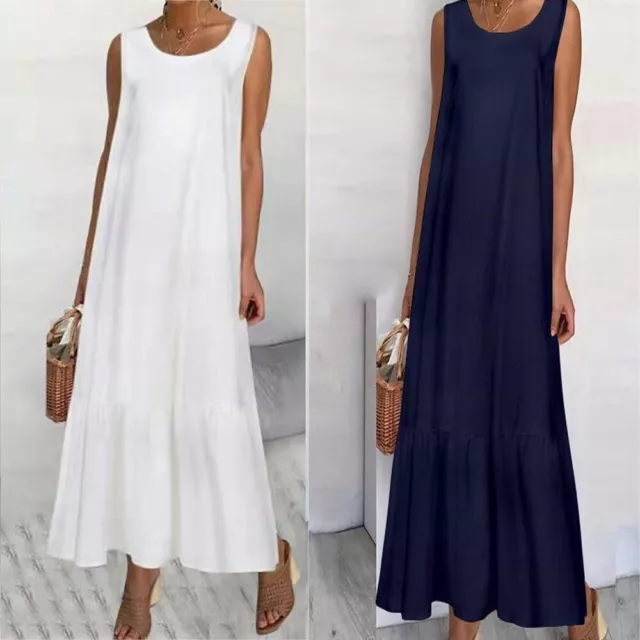 Womens Casual Sleeveless Long Dress Ladies Summer Loose Cotton Linen Maxi Dress