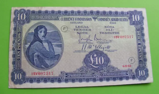 1942 Irish Ten Pound Banknote Old Ireland £10 War Code Note F Lady Lavery