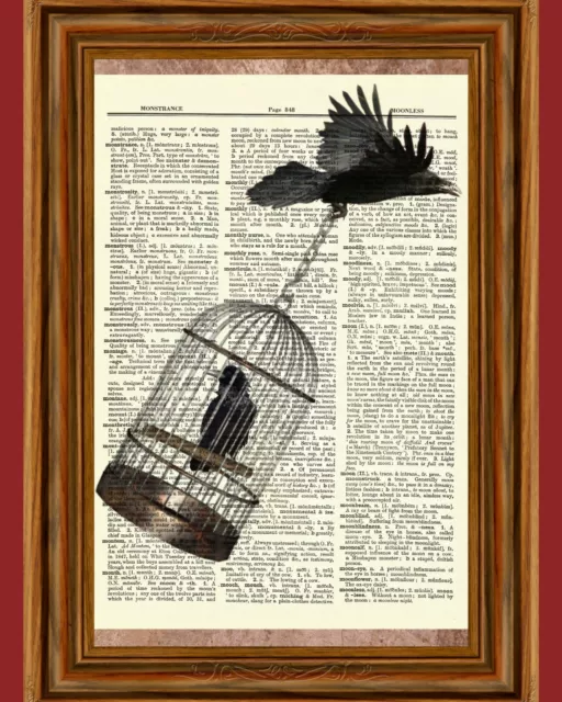 Edgar Allan Poe Raven in Birdcage Dictionary Art Print Picture Poster Story Book