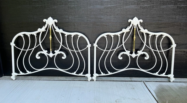 Vintage French Cottage Enameled Iron & Brass Bed Full Size Shabby Farmhouse