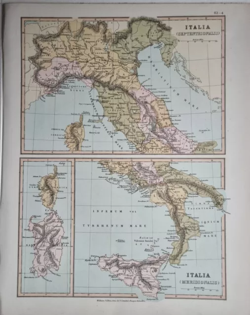 1878 Antique Map Italia Septentrionalis - Italia Meridionalis Sicilia Sardinia