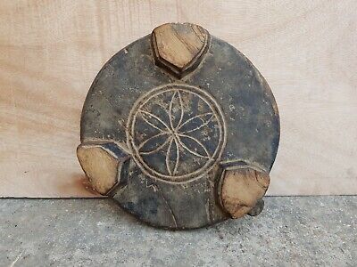 Old Original Rare Primitive Handmade Flower Carved Wooden Chapati Rolling Board