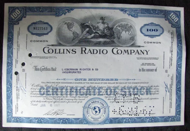 Stock certificate Collins Radio Comp. Payee: LIEBERBAUM RICHTER & Co Inc 1967