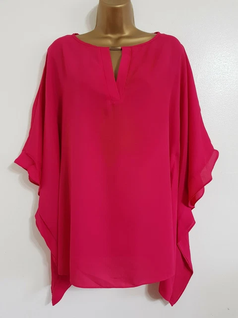 NEW Ex Wallis 8-10 Hot Pink Batwing Sleeve Chiffon Keyhole Tunic Top Blouse