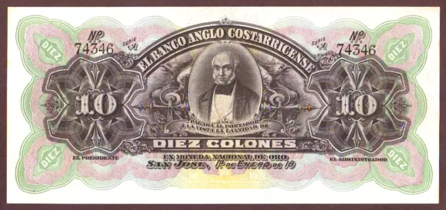 COSTA RICA   Banco  ANGLO-COSTARRICENSE  10 Colones 1903-17   Remainder  UNC