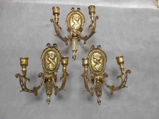 set of 3 FRENCH Antique  bronze WALL Light SCONCES