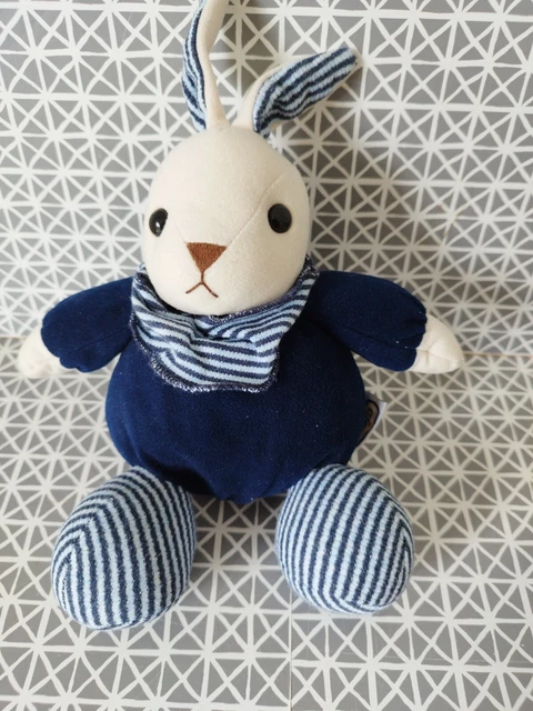 Doudou peluche lapin bleu marine  bandana rayé Ajena 25 cm