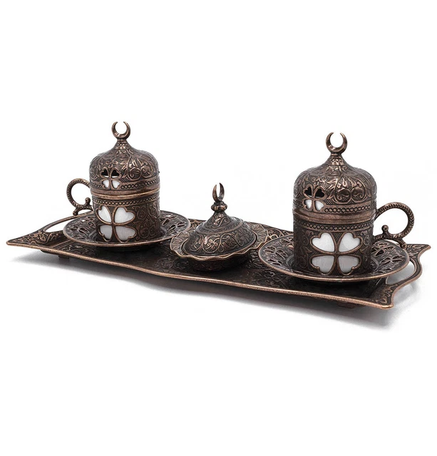 Turkish Luxury 4 Piece Coffee Cup Set Ottoman Style Tray with Sugar Bowl Copper