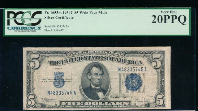 AC 1934C $5 Silver Certificate PCGS 20PPQ N-A block mule 637bp Wide Face Fr 1653