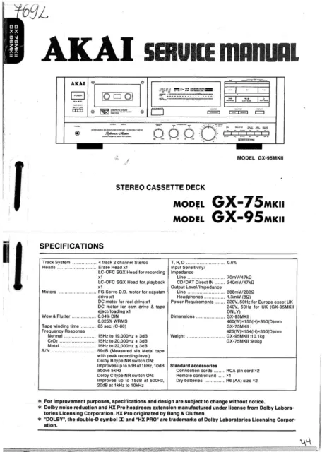 Service Manuel D'Instructions pour Akai GX-95 MK2/GX-75 MK2