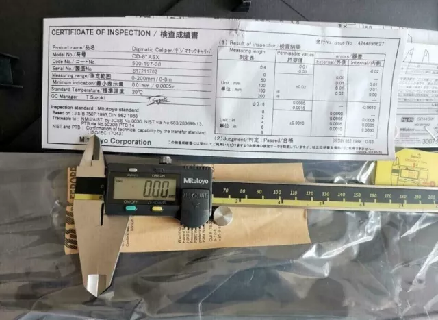 Mitutoyo Japan 500-197-30 200mm/0-8" Absolute Digital Digimatic Vernier Caliper