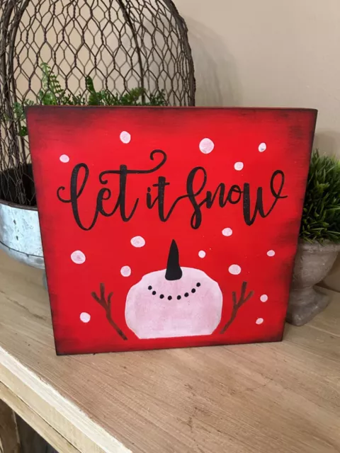 Snowman let it snow red Christmas home decor wooden sign