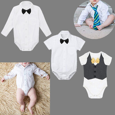 Baby Boys Gentle Romper Wedding Formal Suit Shirt Bowtie Tuxedo Bodysuit Toddler