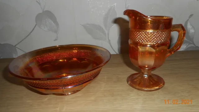 Carnival Glass - Bowl & Creamer - Brockwitz - Nutmeg Grater Pattern - Marigold