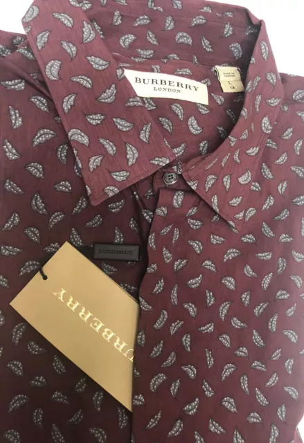 Burberry Men’s Button Up Shirt Deep Burgundy Leaf Pattern Slim Fit NWT L