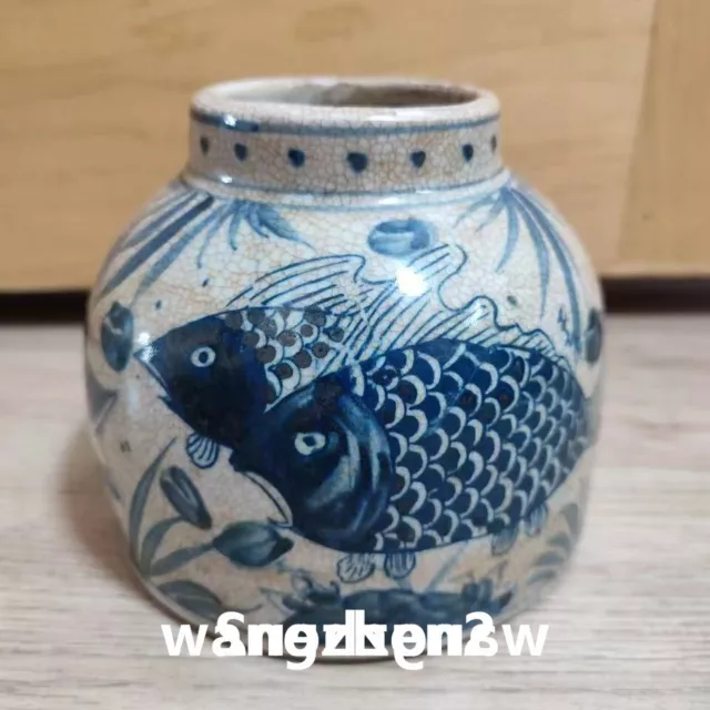 Old Chinese  blue and white porcelain fish pattern pot Porcelain Jar 10.6cm