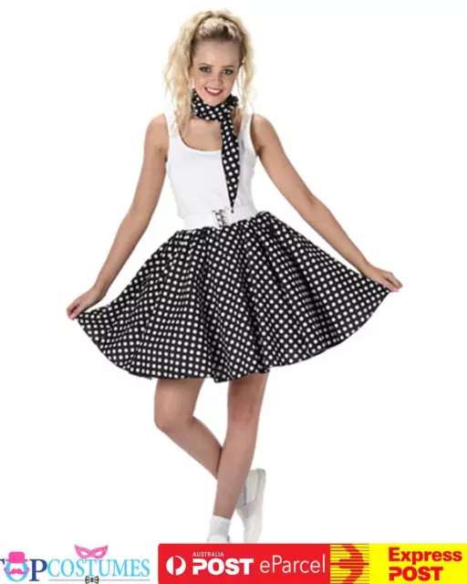 50's Black Polka Dots Scarf Rock n Roll  Skirt Retro Rockabilly Costume