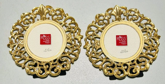 Lot-2 Vintage Russ Brass & Enamel Diamond Studded Jeweled Frame 3x3 Gorgeous!