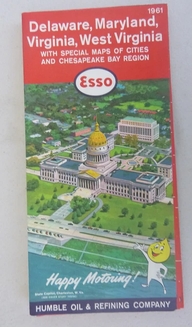 1961 Delaware Maryland Virginia road map Esso oil gas West Virginia capitol