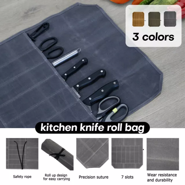 7Slot Portable Chef Knife Roll Bag Waxed Canvas Kitchen Tools Storage Pocket Bag