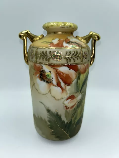 Antique Nippon Morimura  Two Handles Moriage Flowers Gilt Beaded Trim 6.5” Vase