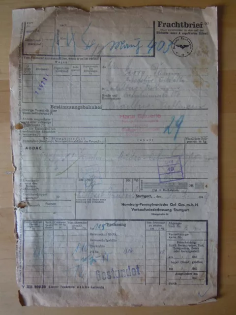 AUDAC ÖL Gesellschaft 1949 Frachtbrief DEUTSCHE REICHSBAHN   ÖL