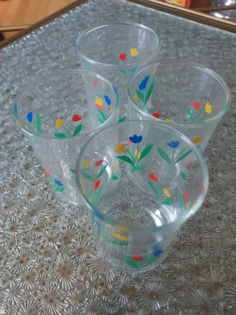 Vintage Libbey Glasses Jubilee Tulips Juice Glass Set of 4 Red Yellow Blue 6 oz