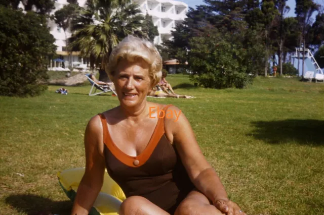 35mm Slide - Older Woman In Swimming Costume Sitting On Grass, 1970s
