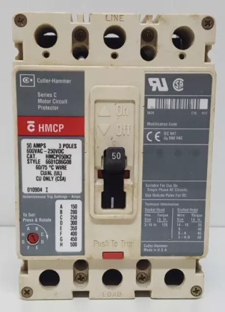 Cutler Hammer Hmcp050K2 Circuit Breaker 50 Amps 3 Pole 600Vac 250Vdc/ Tested Ok 2