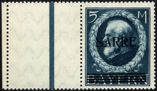 SAARGEBIET 30L **, 1920, 5 M. Bayern-Sarre anhängendem bedrucktem Leerfeld, gepr