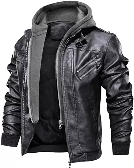 Vintage Bomber Hoodie with Removable Hood Men's Motorcycle Leather Jacket