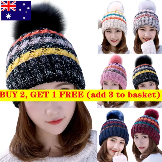 Womens Knitted Beanie Ski Hat Winter Warm Crochet Faux Fur Bobble Pom Pom Cap AU