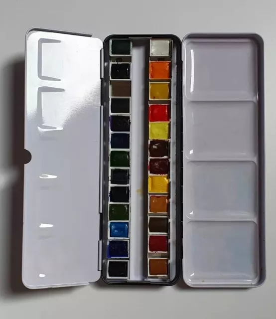 Winsor Newton Cotman Metal Sketchers Box Watercolour 24 Half Pans Set - USED