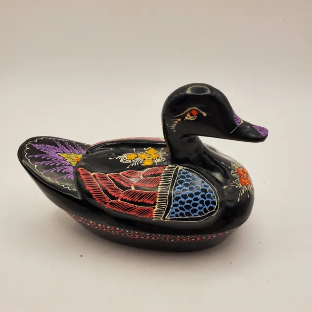 Vintage Black Lacquerware Duck Trinket Box Keepsake Burmese Folk Art
