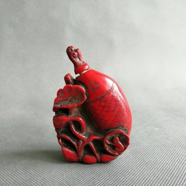 Collectible China Handwork Old Coral Carve Fish & Lotus Auspicious Snuff Bottle 3