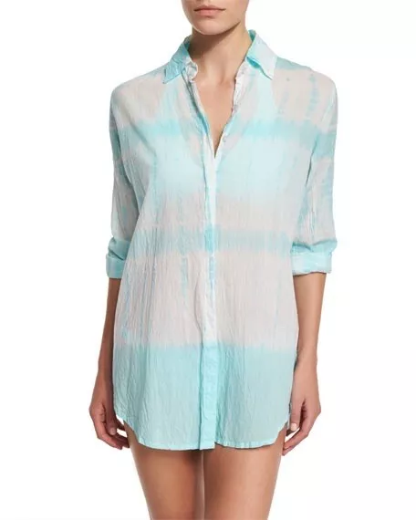 LETARTE Apres Soleil Tie-Dye Button-Down Coverup Oversized Shirt Size Small Blue 2