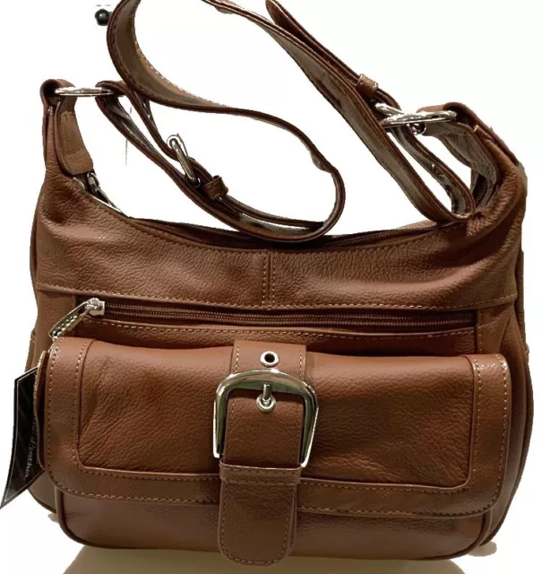 New Lt Brown Leather Shoulder Bag Organizer Hobo Cross Body Bag 2 Compartments