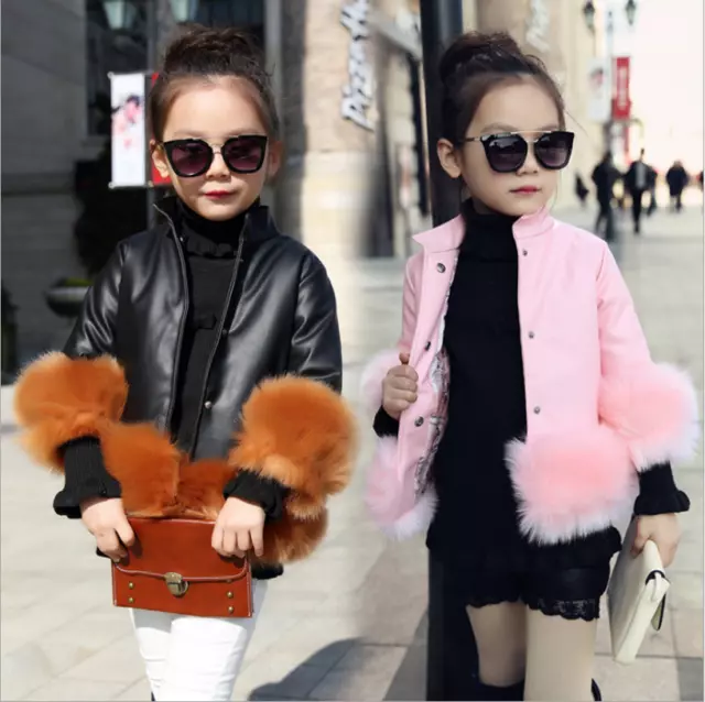 Kids Girls Leather Biker Jacket Warm Coat Faux Fur Parka Winterwear Trendy Coat