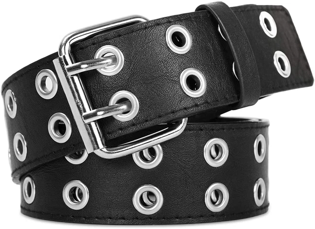XZQTIVE Double Grommet PU Leather Belt for Women/Men Punk metal Jean Belt Wide