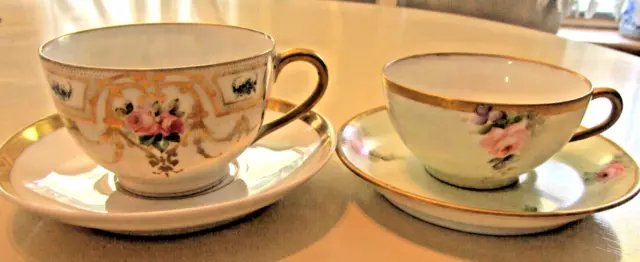 2 Antique Limoges Demitasse Cups & Saucers Hand Painted & Gilt Porcelain