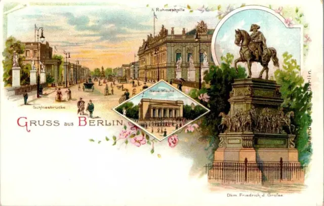 LITHO GRUß AUS BERLIN RUHMESHALLE + NEUE WACHE 3 BILD COL. UM 1900