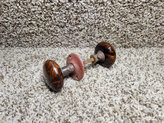 Incredible Old Antique Brown Marble Swirl Tiger Eye Porcelain Door Knobs 1890's