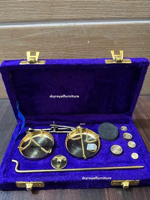 Brass Scale Weights Antique Vintage Weight Balance Set Postal Wood Box and Grams