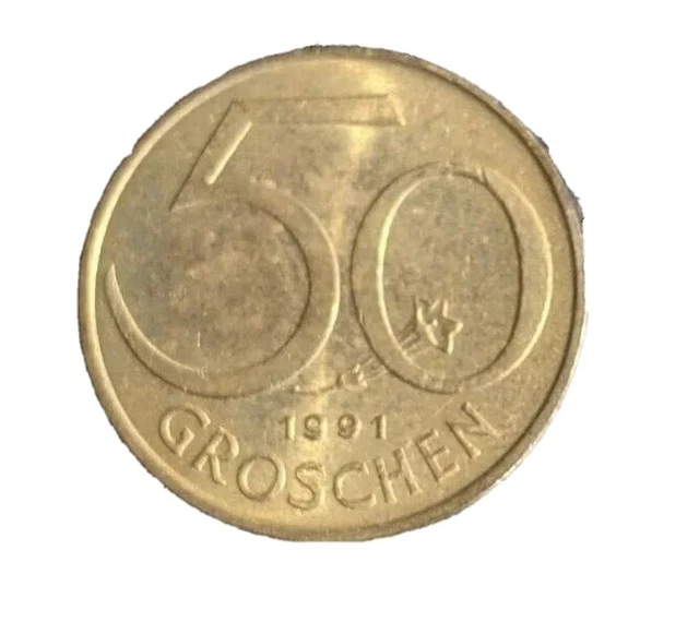 Austria 50 Groschen coin, 1991, edelweiss, shield, KM #2885