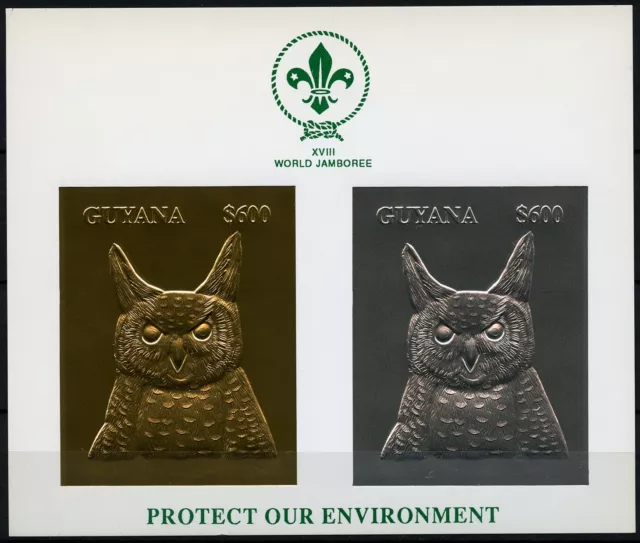 Guyana 1993 Vögel Eule Owl Birds Gold Silber 4132-4133 Kollektivblock MNH / 485