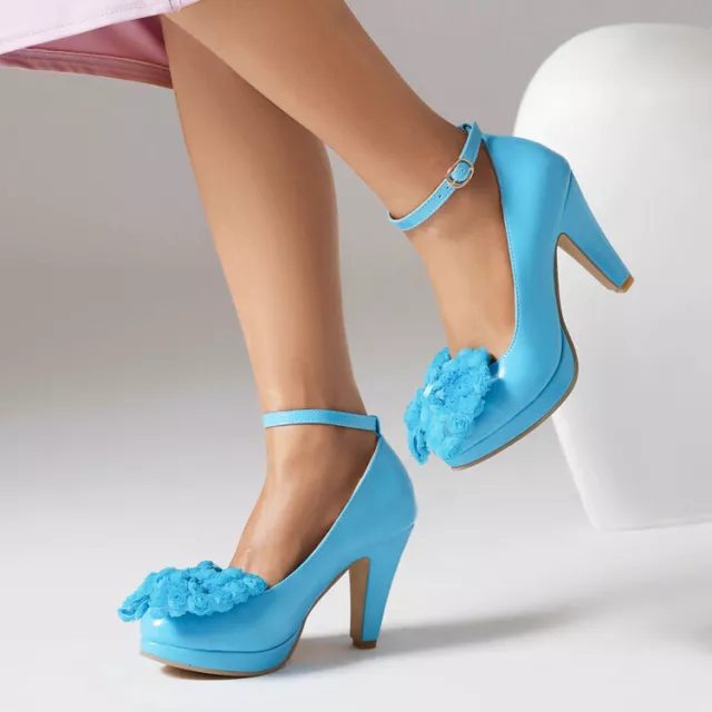 Womens Block Heel Ankle Strap Shoes Bowtie Mary Jane Party Dress Pumps Plus Size