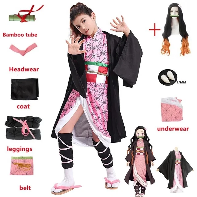 Demon Slayer Cosplay Nezuko Tenue Wig Enfant Kamado Déguisement  Taille Au Choix