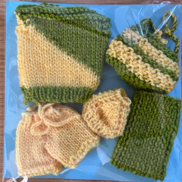 Barbie type doll Hand knitted clothes - green/yellow - NEW- Top, Shorts, Bag, To